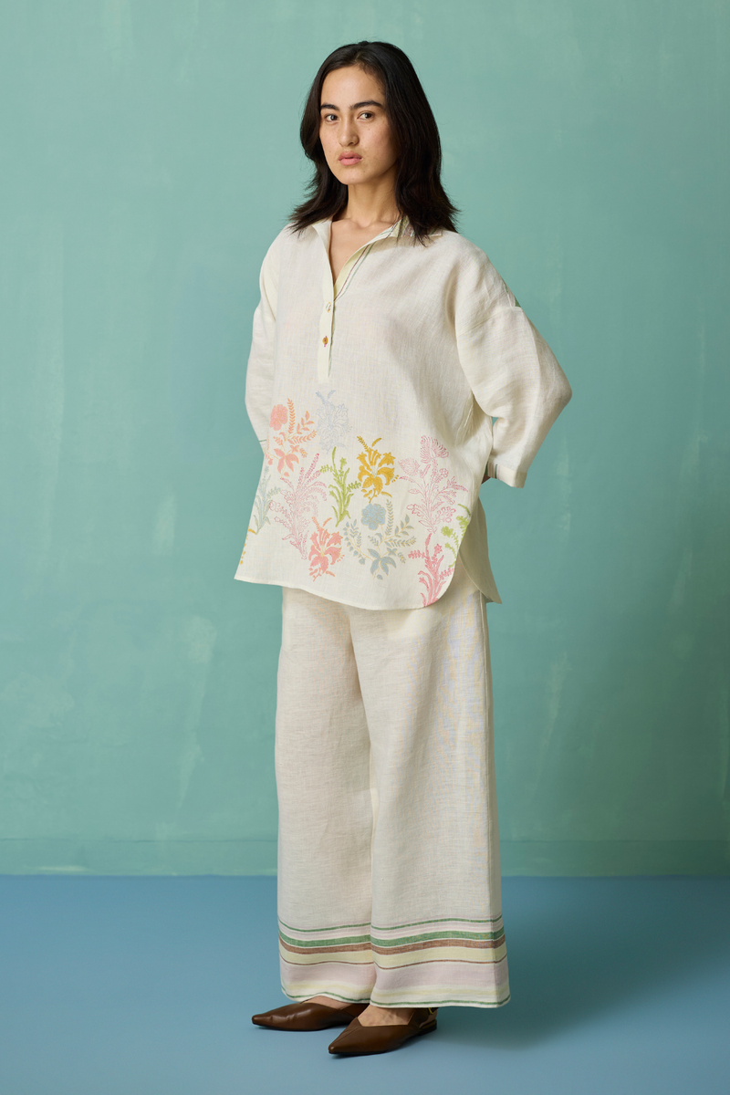 Luma Block-Printed Floral Co-ord Set - Ivory linen co-ord set by Manan in ivory for women Worldwide