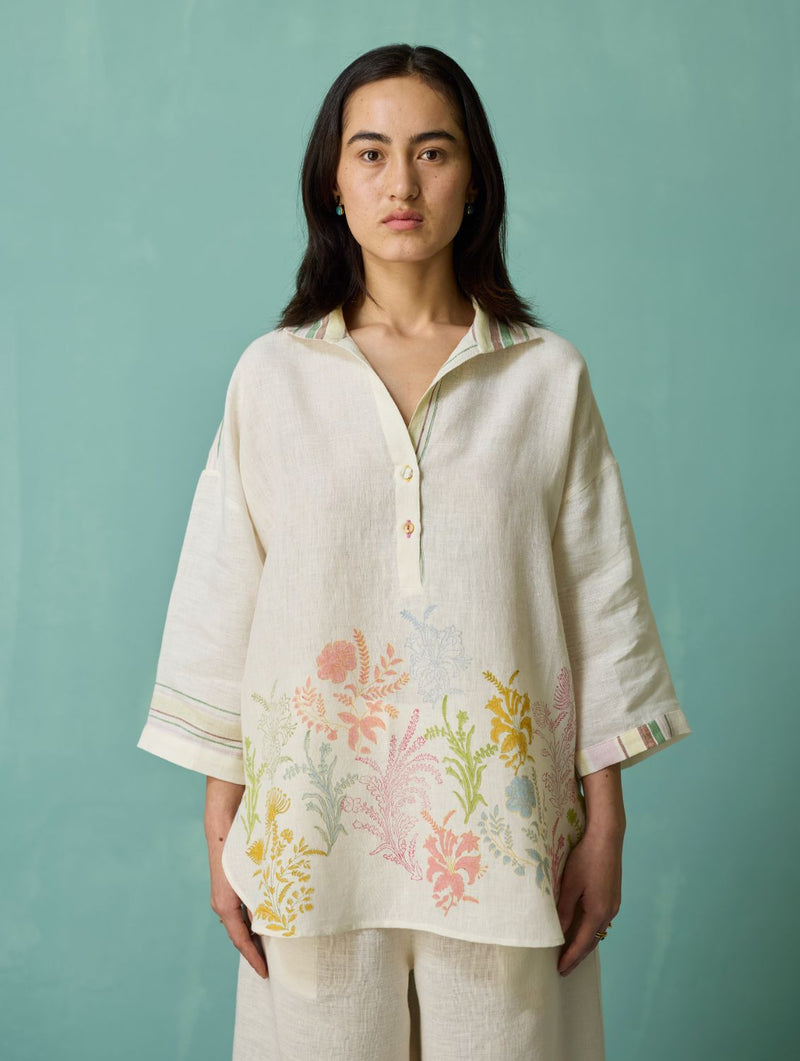 Luma Block-Printed Floral Co-ord Set - Ivory linen co-ord set by Manan in ivory for women Worldwide