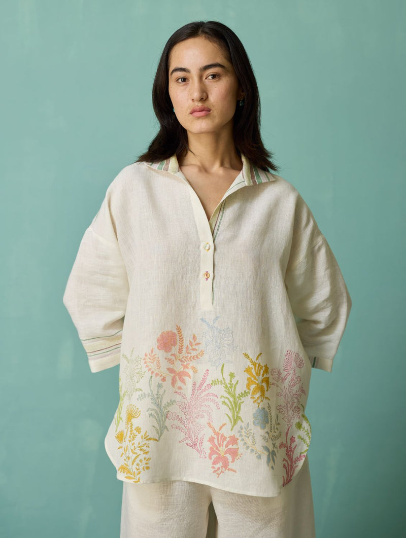 Luma Block-Printed Floral Shirt - Ivory linen top/shirt by Manan in ivory for women Worldwide