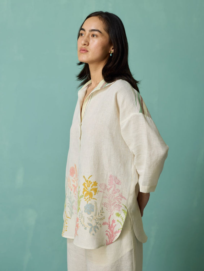 Luma Block-Printed Floral Shirt - Ivory linen top/shirt by Manan in ivory for women Worldwide
