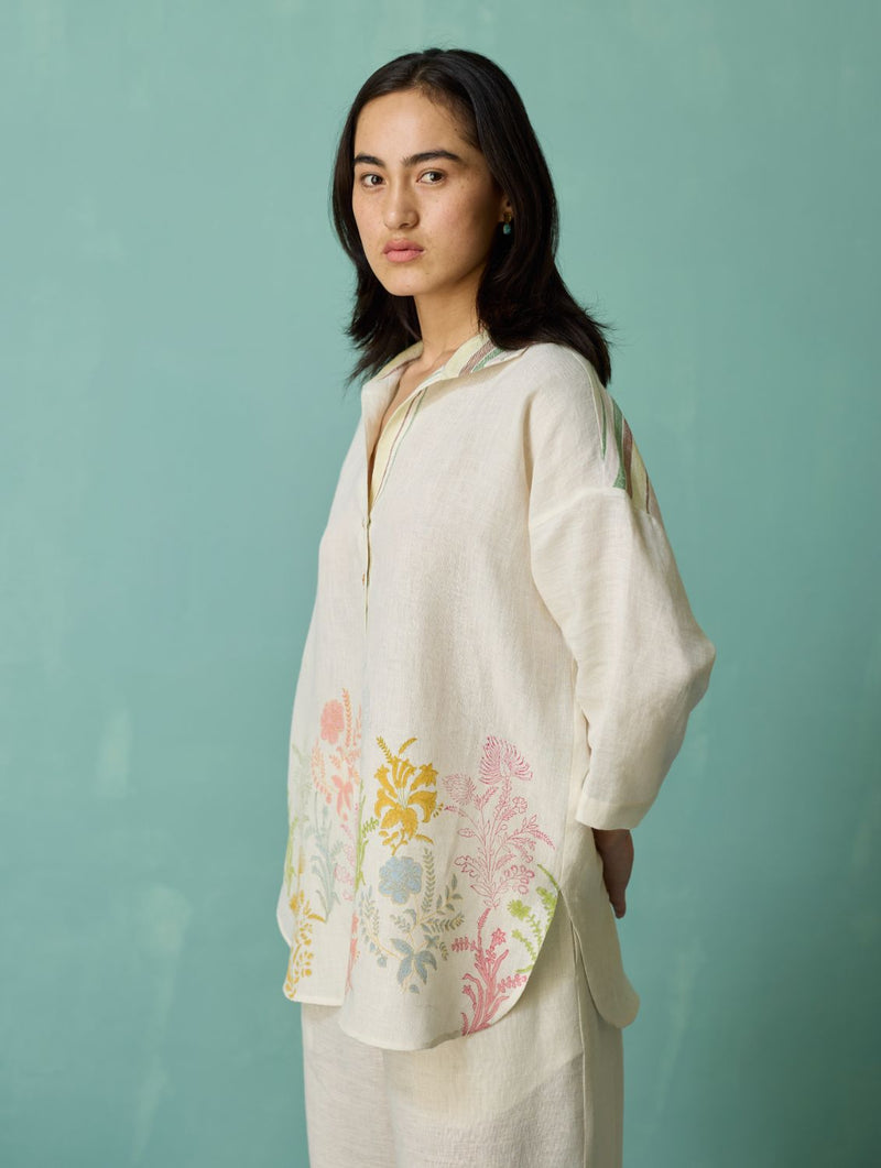 Luma Block-Printed Floral Shirt - Ivory linen top/shirt by Manan in ivory for women Worldwide