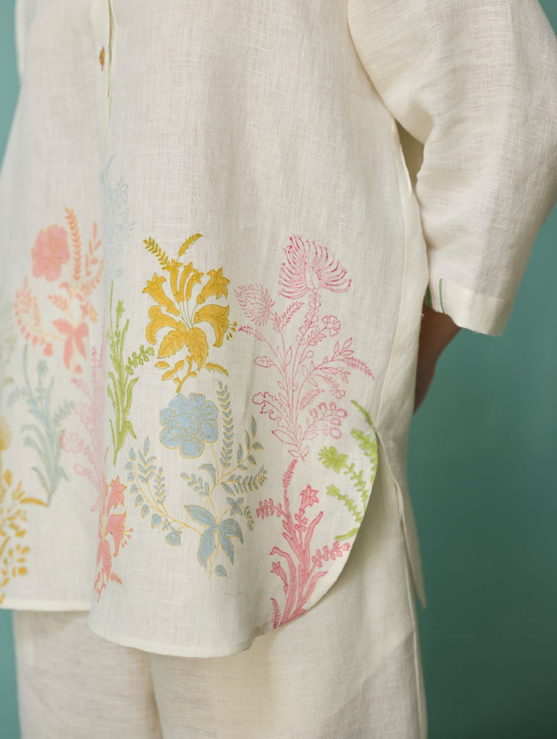 Luma Block-Printed Floral Co-ord Set - Ivory linen co-ord set by Manan in ivory for women Worldwide