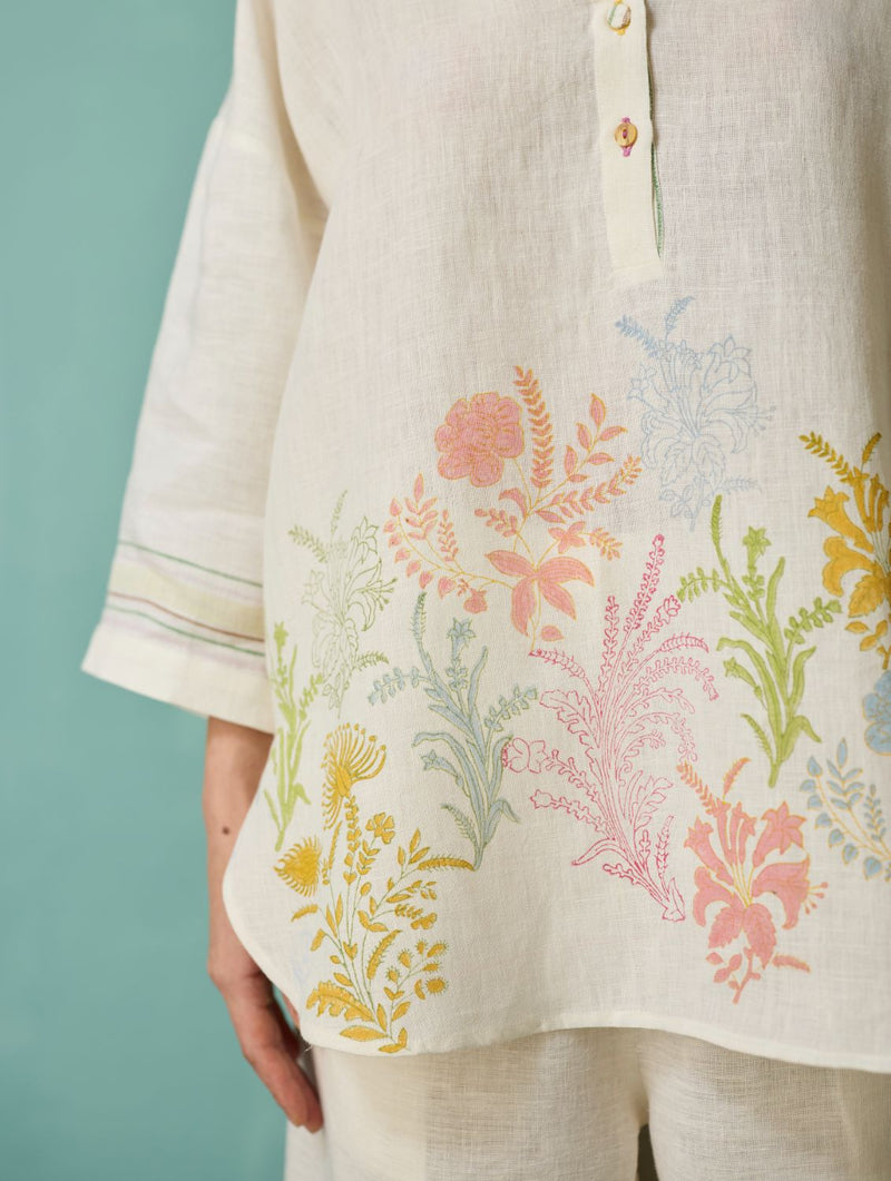 Luma Block-Printed Floral Shirt - Ivory linen top/shirt by Manan in ivory for women Worldwide