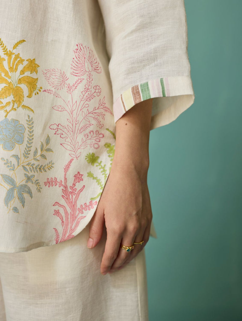 Luma Block-Printed Floral Co-ord Set - Ivory linen co-ord set by Manan in ivory for women Worldwide