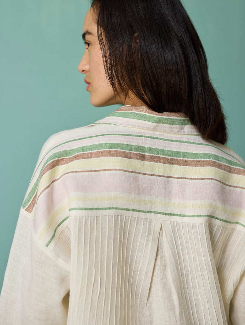 Luma Block-Printed Floral Shirt - Ivory linen top/shirt by Manan in ivory for women Worldwide