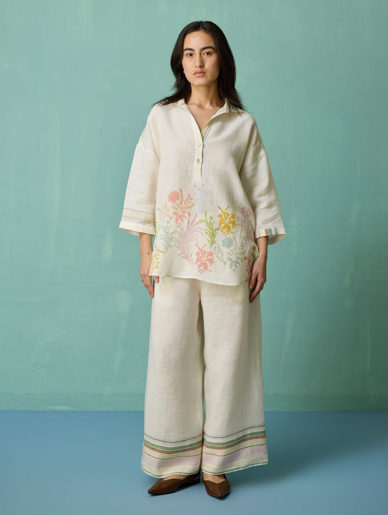 Luma Block-Printed Floral Co-ord Set - Ivory linen co-ord set by Manan in ivory for women Worldwide