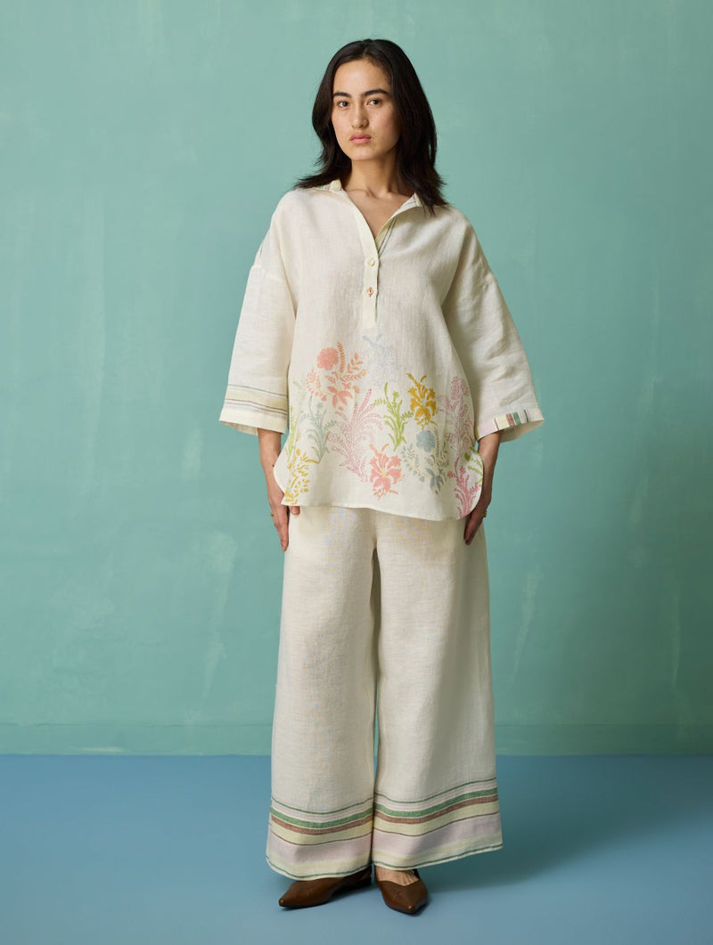 Luma Block-Printed Floral Co-ord Set - Ivory linen co-ord set by Manan in ivory for women Worldwide