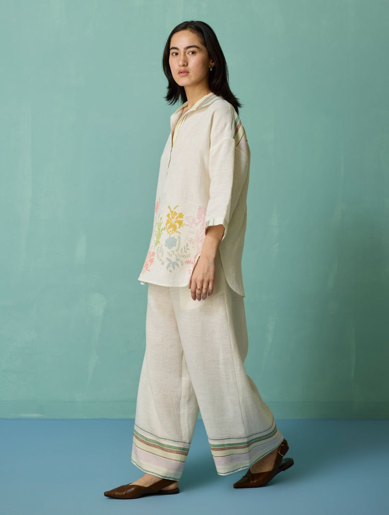 Luma Block-Printed Floral Shirt - Ivory linen top/shirt by Manan in ivory for women Worldwide