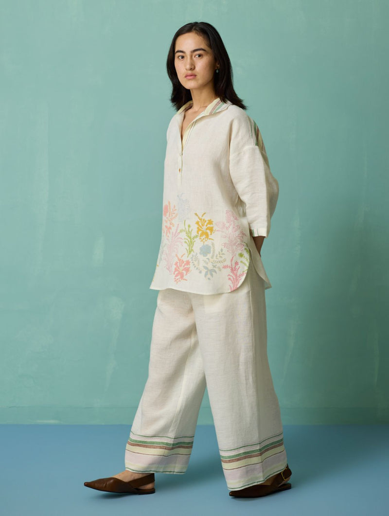 Luma Block-Printed Floral Shirt - Ivory linen top/shirt by Manan in ivory for women Worldwide