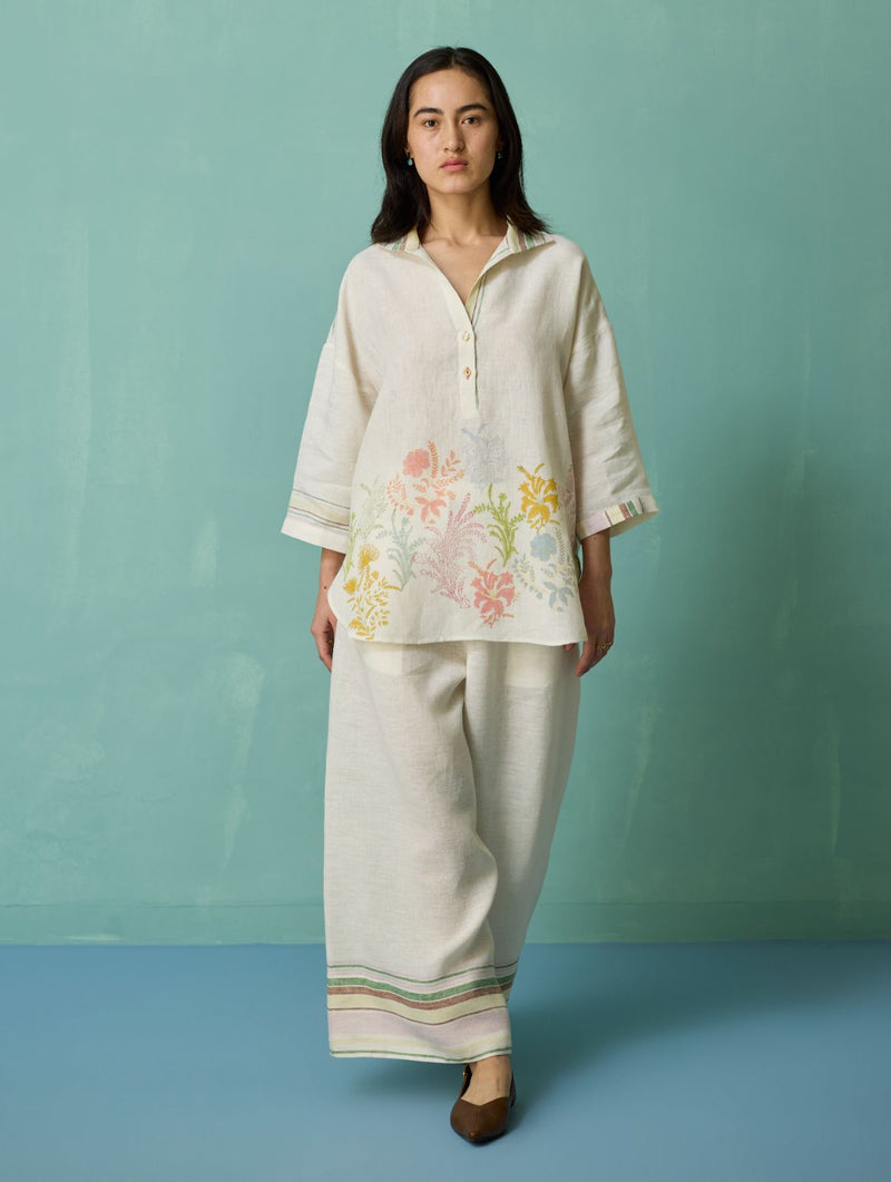 Luma Block-Printed Floral Co-ord Set - Ivory linen co-ord set by Manan in ivory for women Worldwide