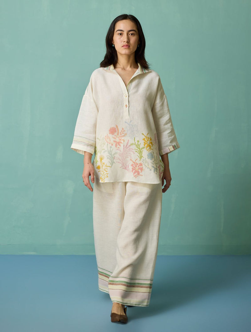 Luma Block-Printed Floral Co-ord Set - Ivory linen co-ord set by Manan in ivory for women Worldwide