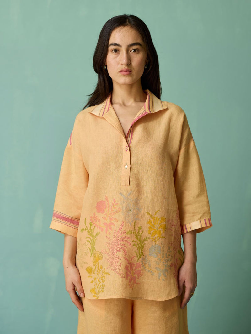Luma Block-Printed Floral Co-ord Set - Apricot linen co-ord set by Manan in apricot for women Worldwide