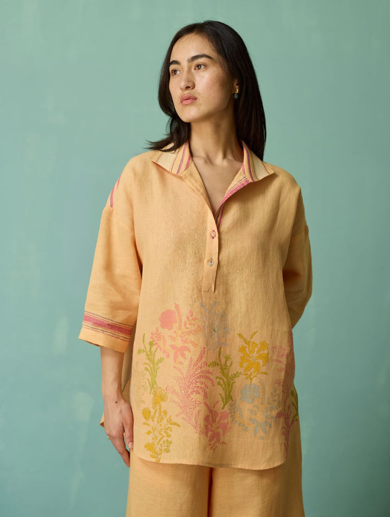 Luma Block-Printed Floral Co-ord Set - Apricot linen co-ord set by Manan in apricot for women Worldwide