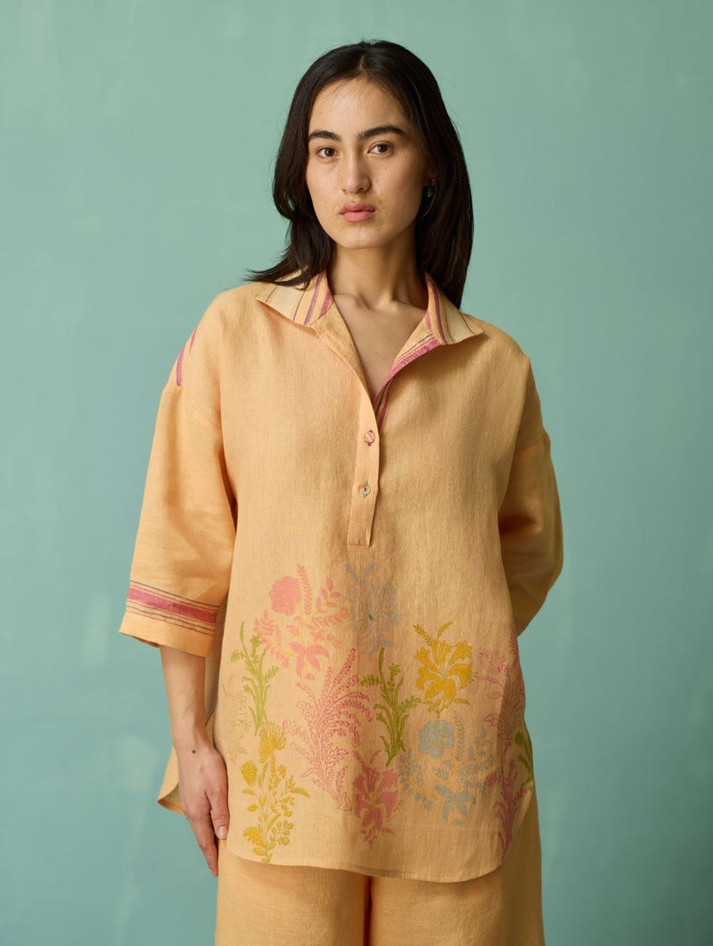 Luma Block-Printed Floral Co-ord Set - Apricot linen co-ord set by Manan in apricot for women Worldwide