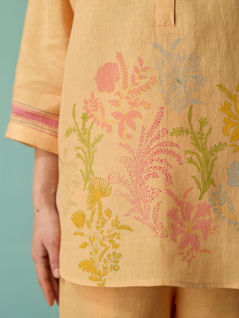 Luma Block-Printed Floral Co-ord Set - Apricot linen co-ord set by Manan in apricot for women Worldwide
