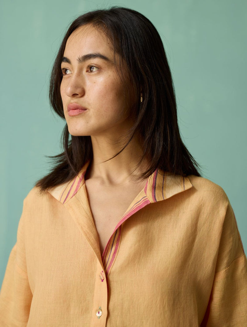 Luma Block-Printed Floral Co-ord Set - Apricot linen co-ord set by Manan in apricot for women Worldwide
