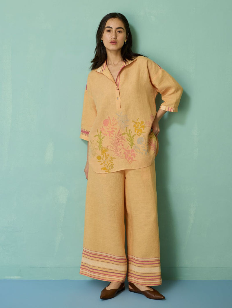 Luma Block-Printed Floral Co-ord Set - Apricot linen co-ord set by Manan in apricot for women Worldwide