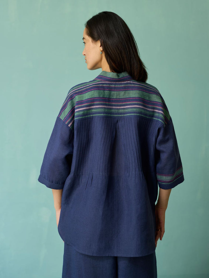 Luma Block-Printed Floral Shirt - Indigo linen top/shirt by Manan in navy for women Worldwide