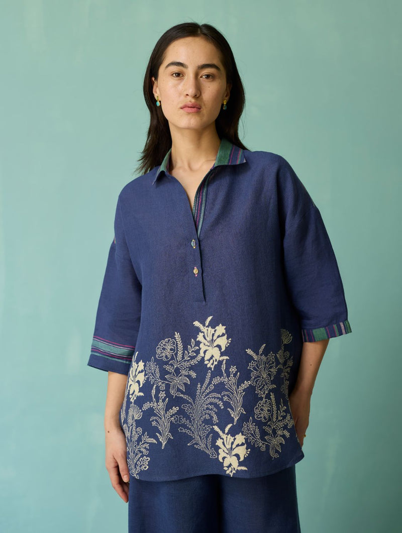 Luma Block-Printed Floral Shirt - Indigo linen top/shirt by Manan in navy for women Worldwide