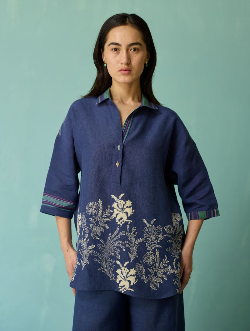 Luma Block-Printed Floral Co-ord Set - Indigo linen co-ord set by Manan in navy for women Worldwide