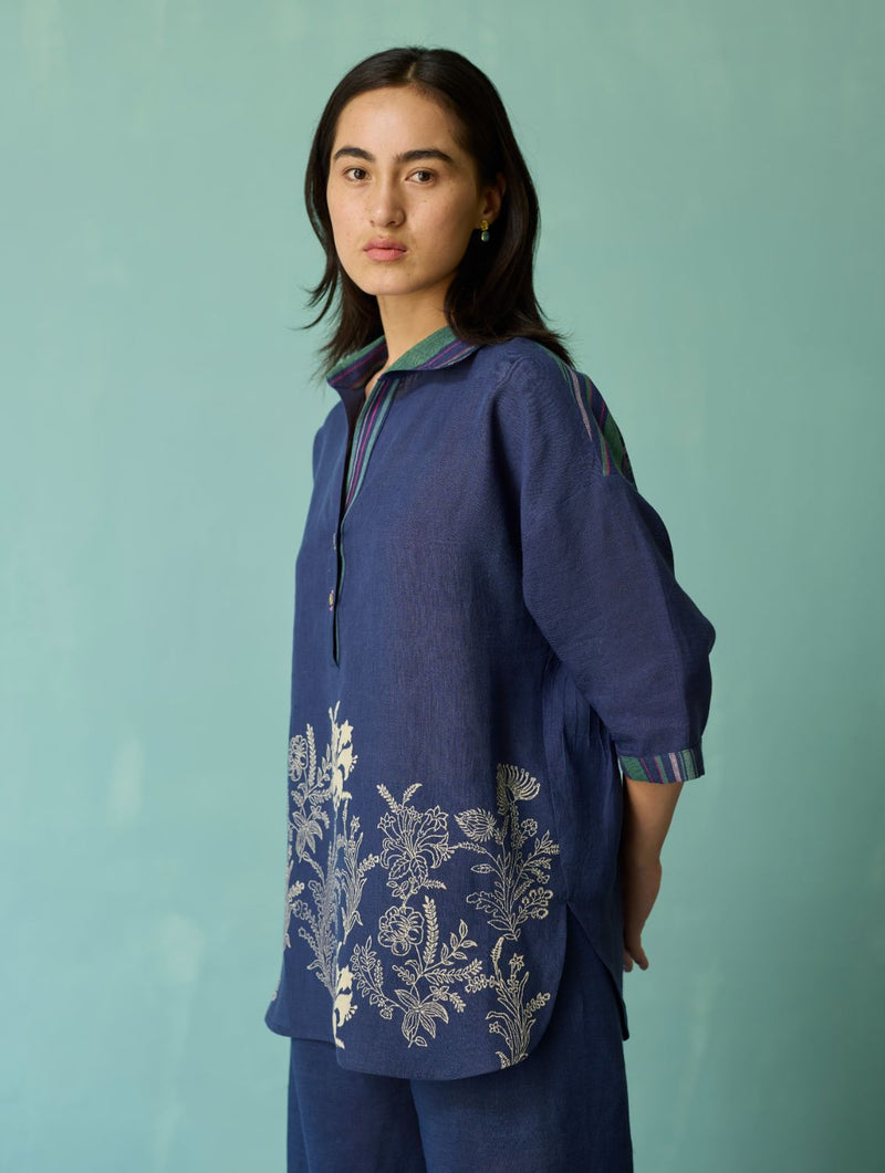 Luma Block-Printed Floral Co-ord Set - Indigo linen co-ord set by Manan in navy for women Worldwide