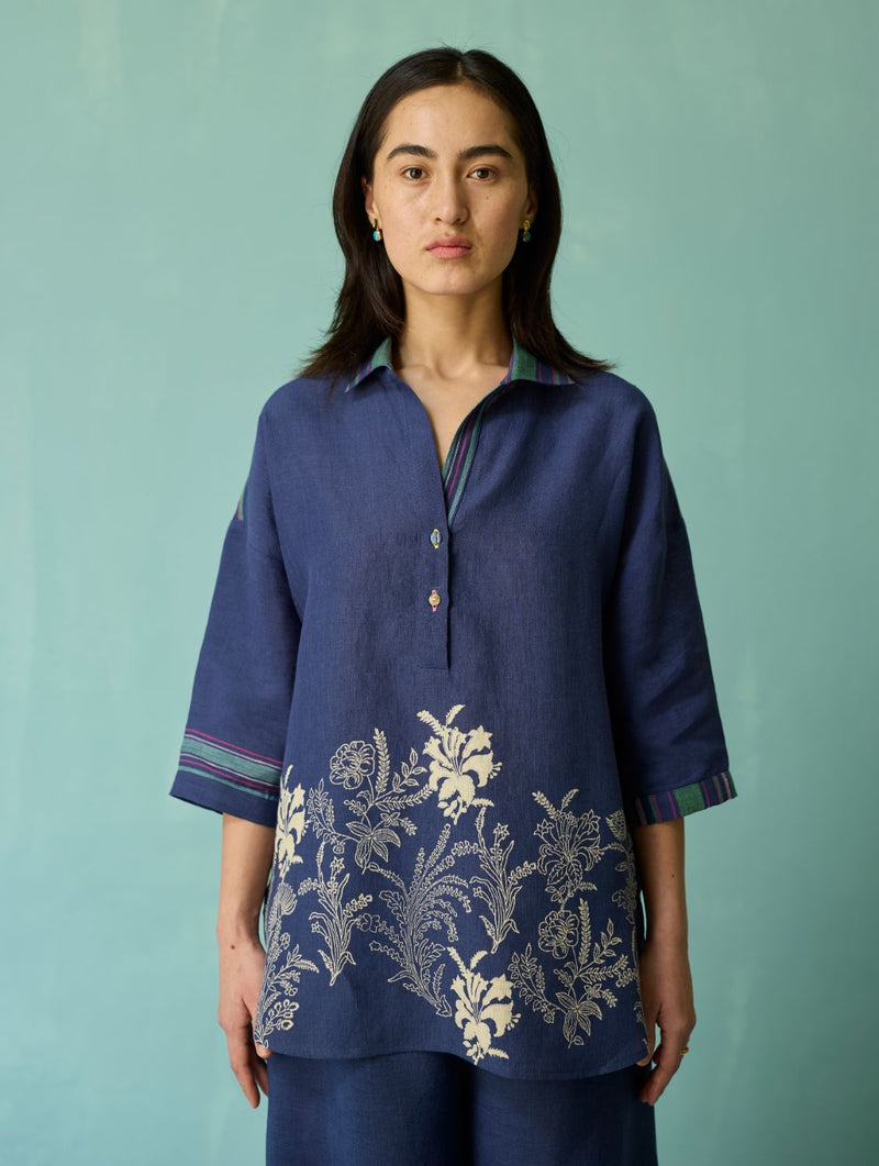 Luma Block-Printed Floral Shirt - Indigo linen top/shirt by Manan in navy for women Worldwide