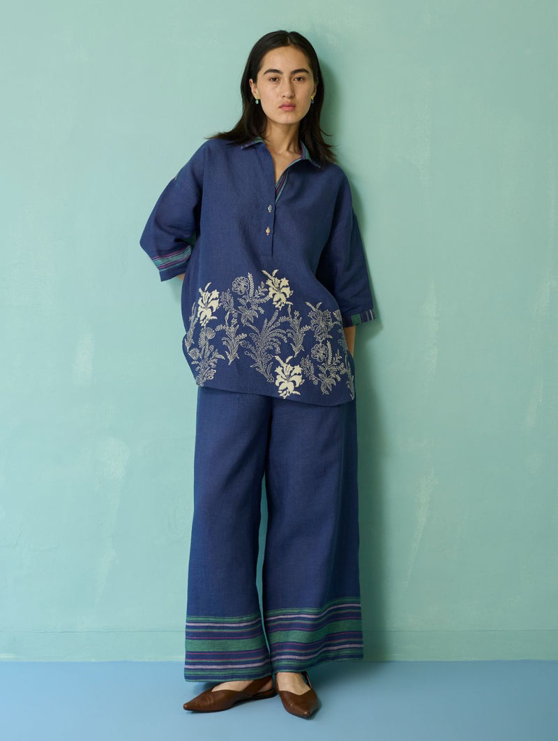 Luma Block-Printed Floral Shirt - Indigo linen top/shirt by Manan in navy for women Worldwide
