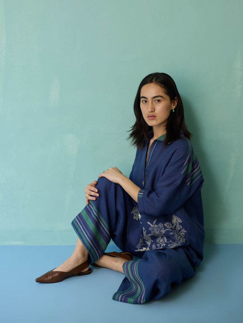 Luma Block-Printed Floral Co-ord Set - Indigo linen co-ord set by Manan in navy for women Worldwide
