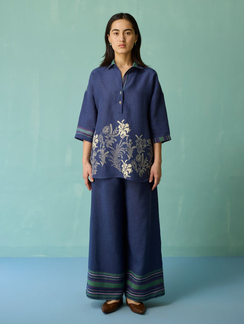 Luma Block-Printed Floral Shirt - Indigo linen top/shirt by Manan in navy for women Worldwide