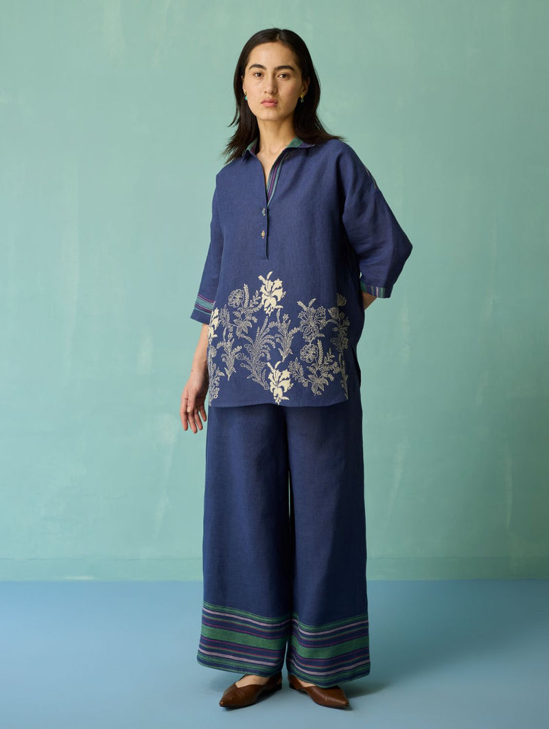 Luma Block-Printed Floral Co-ord Set - Indigo linen co-ord set by Manan in navy for women Worldwide