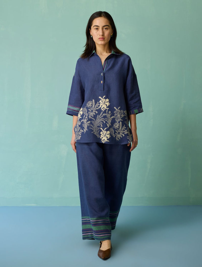 Luma Block-Printed Floral Co-ord Set - Indigo linen co-ord set by Manan in navy for women Worldwide