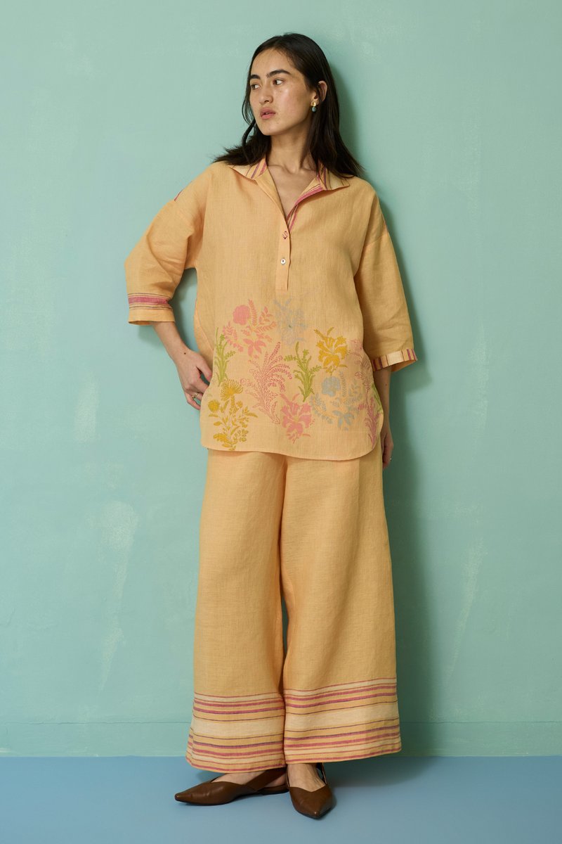 Luma Block-Printed Floral Co-ord Set - Apricot linen co-ord set by Manan in apricot for women Worldwide