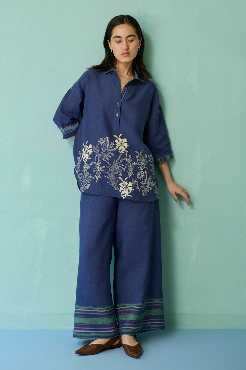Luma Block-Printed Floral Co-ord Set - Indigo linen co-ord set by Manan in navy for women Worldwide