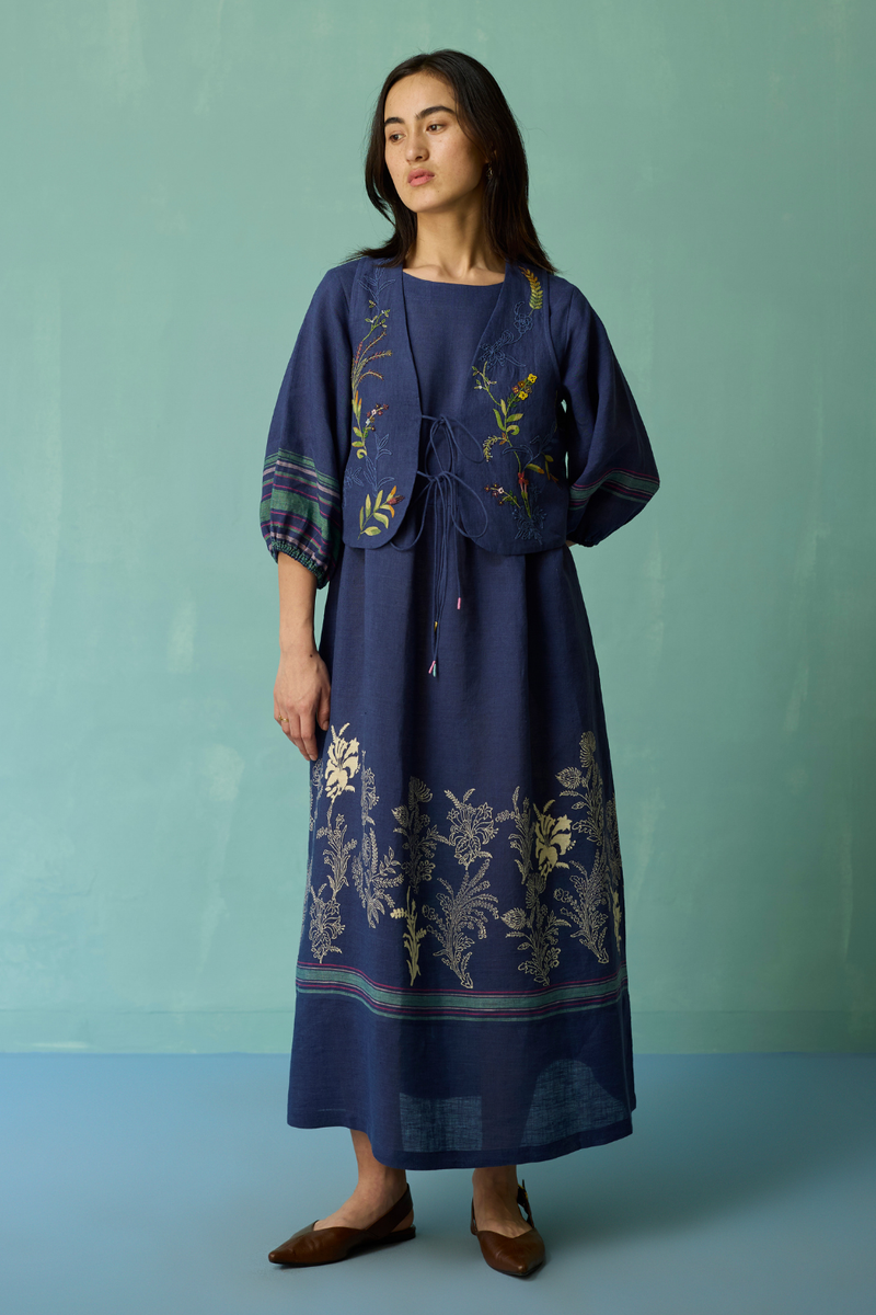 Ora Block-Printed Floral Linen Co-ord Set - Indigo linen co-ord set by Manan in navy for women Worldwide