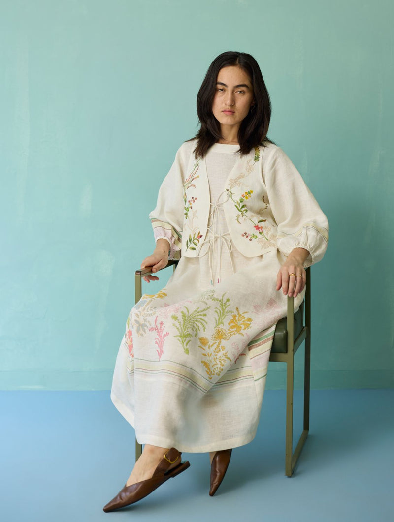 Ora Block-Printed Floral Linen Co-ord Set - Ivory linen co-ord set by Manan in ivory for women Worldwide