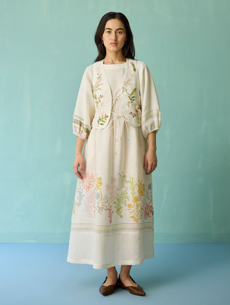 Ora Block-Printed Floral Linen Co-ord Set - Ivory linen co-ord set by Manan in ivory for women Worldwide