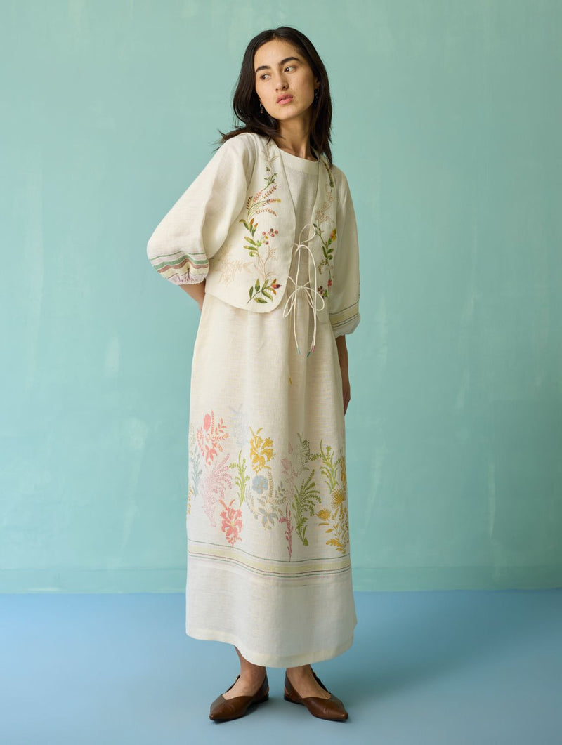 Ora Block-Printed Floral Linen Co-ord Set - Ivory linen co-ord set by Manan in ivory for women Worldwide