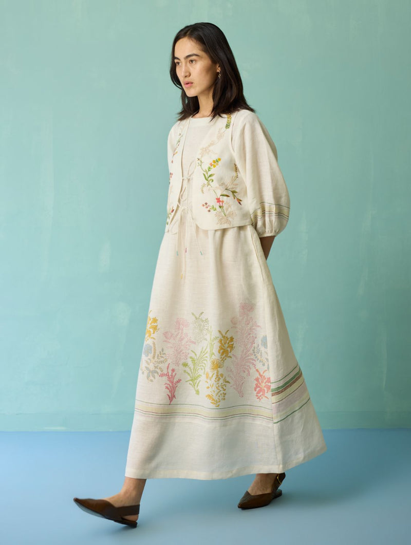 Ora Block-Printed Floral Linen Co-ord Set - Ivory linen co-ord set by Manan in ivory for women Worldwide