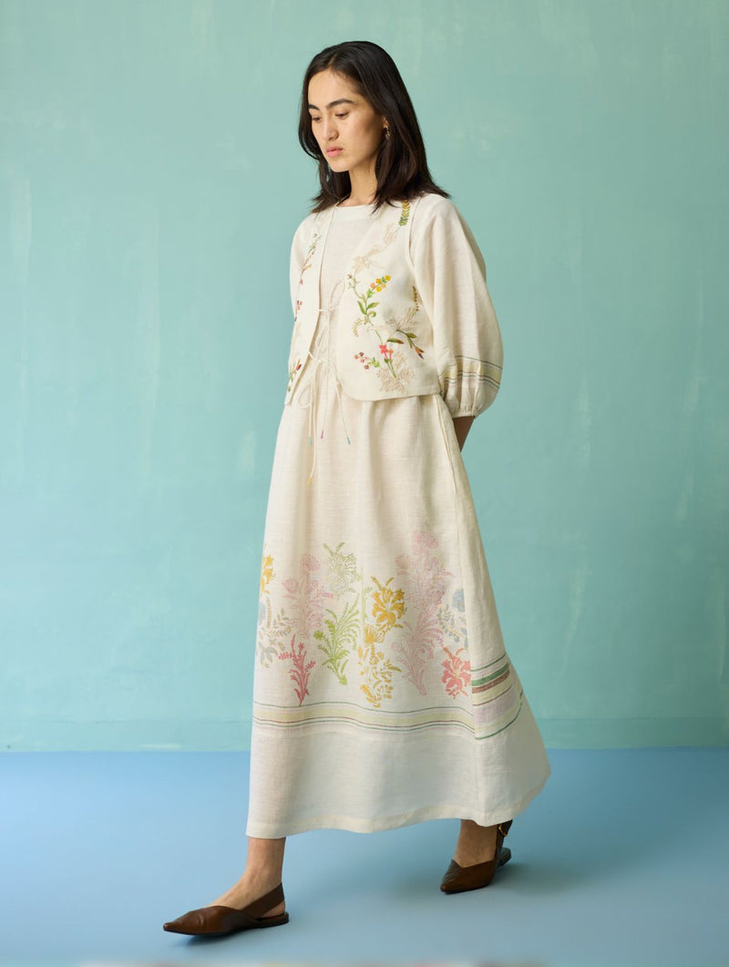 Ora Block-Printed Floral Linen Co-ord Set - Ivory linen co-ord set by Manan in ivory for women Worldwide