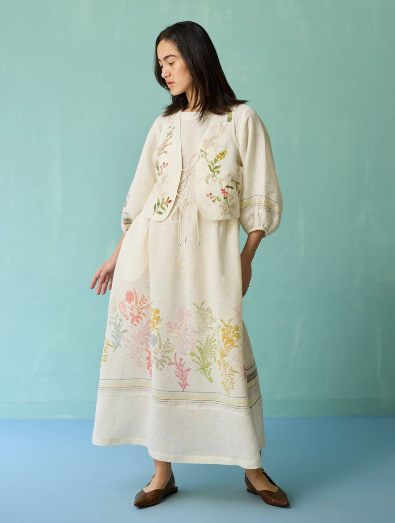 Ora Block-Printed Floral Linen Co-ord Set - Ivory linen co-ord set by Manan in ivory for women Worldwide