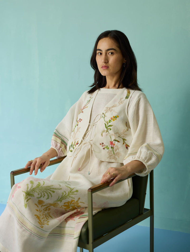 Ora Block-Printed Floral Linen Co-ord Set - Ivory linen co-ord set by Manan in ivory for women Worldwide
