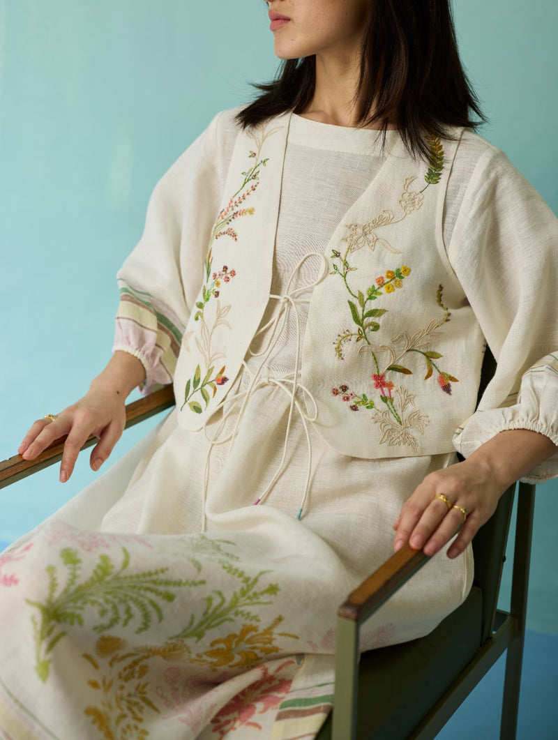 Ora Block-Printed Floral Linen Co-ord Set - Ivory linen co-ord set by Manan in ivory for women Worldwide