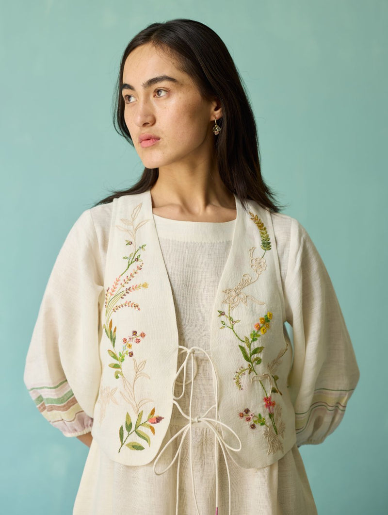 Ora Block-Printed Floral Linen Co-ord Set - Ivory linen co-ord set by Manan in ivory for women Worldwide