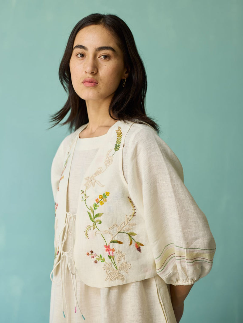 Ora Block-Printed Floral Linen Co-ord Set - Ivory linen co-ord set by Manan in ivory for women Worldwide
