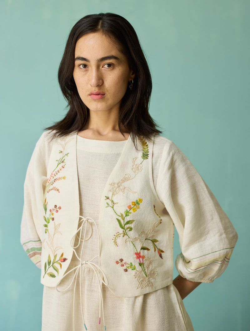 Ora Block-Printed Floral Linen Co-ord Set - Ivory linen co-ord set by Manan in ivory for women Worldwide