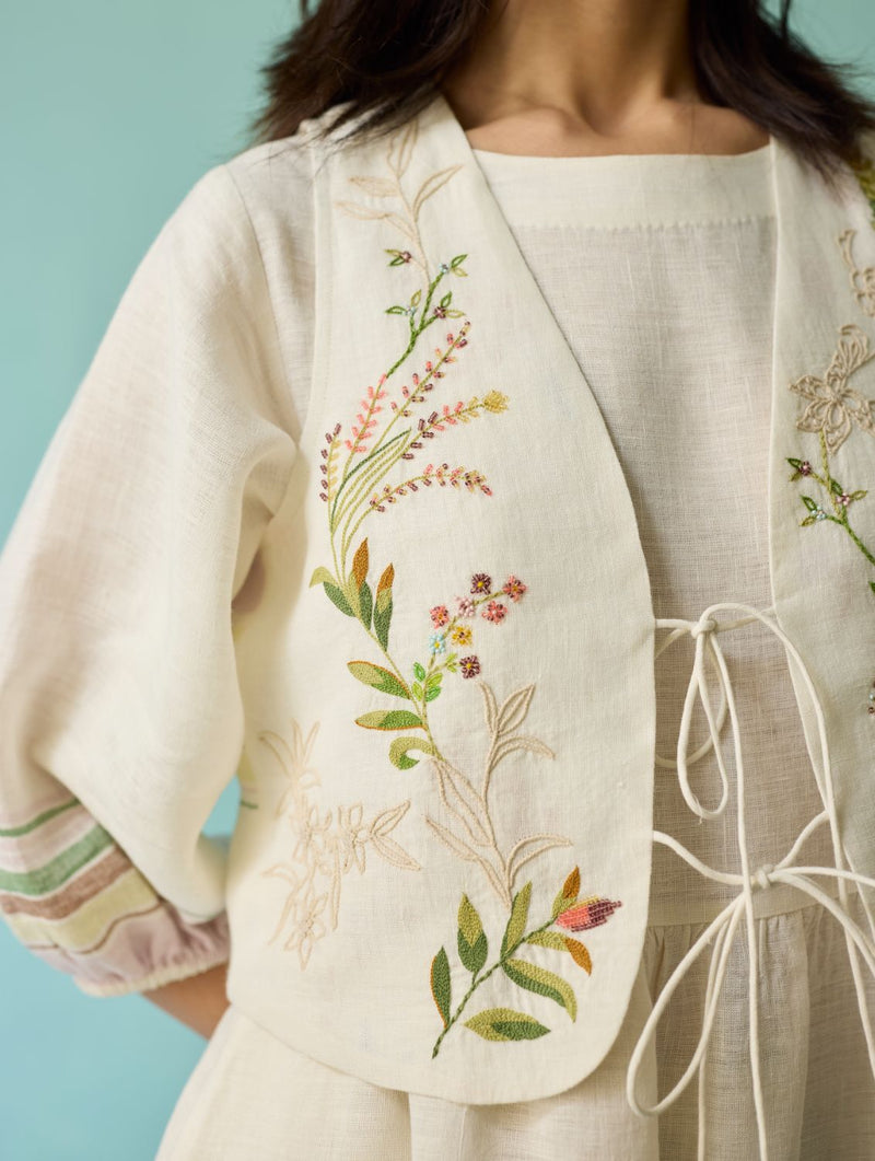 Ora Block-Printed Floral Linen Co-ord Set - Ivory linen co-ord set by Manan in ivory for women Worldwide