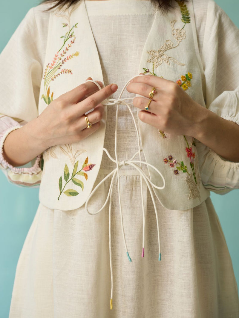 Ora Block-Printed Floral Linen Co-ord Set - Ivory linen co-ord set by Manan in ivory for women Worldwide
