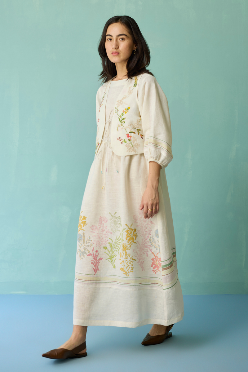 Ora Block-Printed Floral Linen Co-ord Set - Ivory linen co-ord set by Manan in ivory for women Worldwide