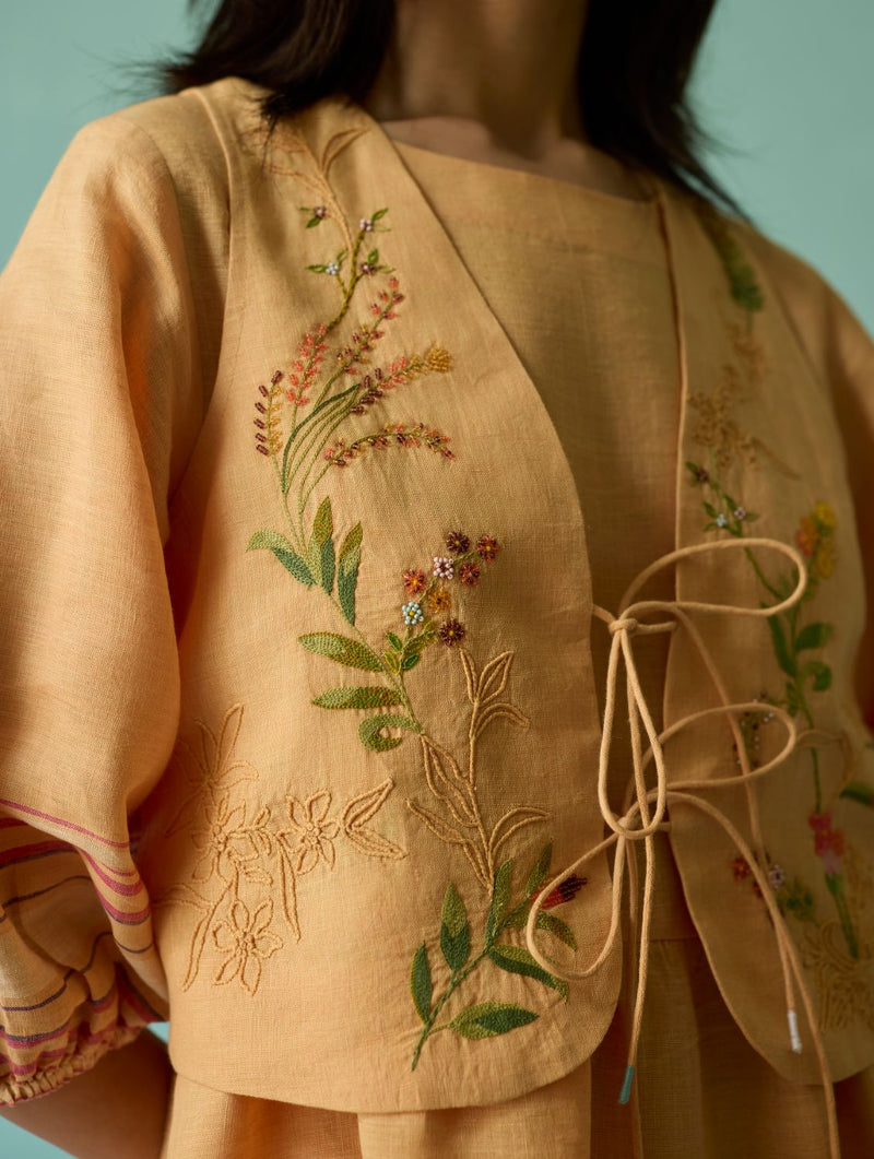 Ora Block-Printed Floral Linen Co-ord Set - Apricot linen co-ord set by Manan in apricot for women Worldwide