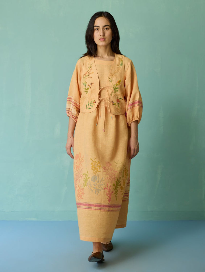 Ora Block-Printed Floral Linen Co-ord Set - Apricot linen co-ord set by Manan in apricot for women Worldwide